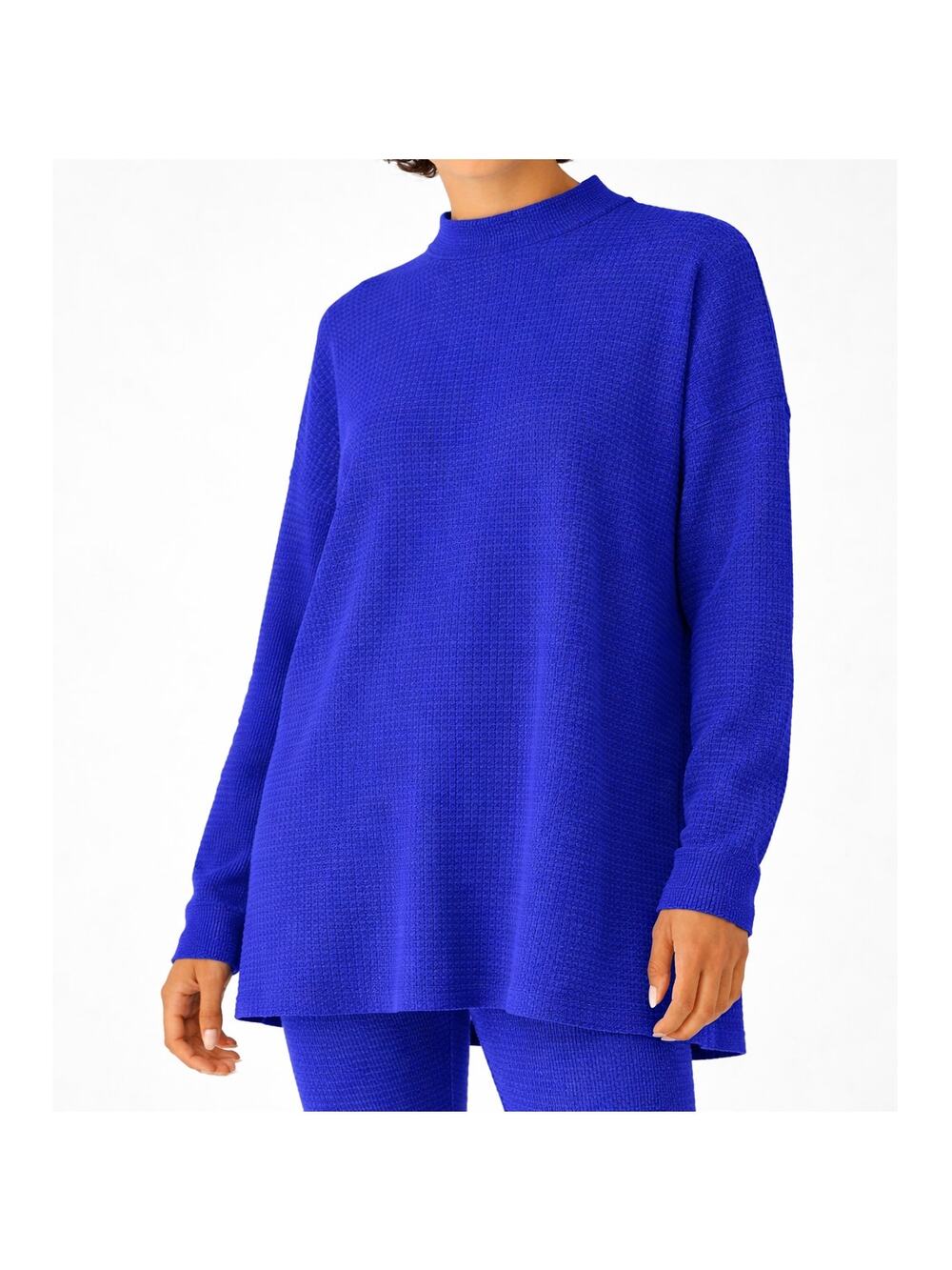 Eileen Fisher Cozy Waffle Knit Mock Neck Top Womens S Blue Long Sleeve Thermal